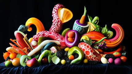 A low-angle perspective of a vibrant modernist food sculpture