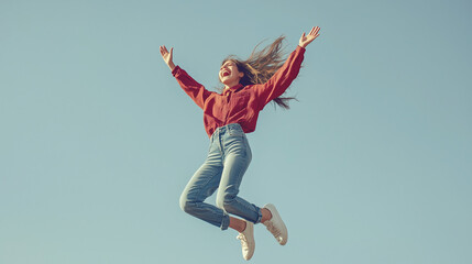 Wall Mural - Woman jumping with arms raised outdoors