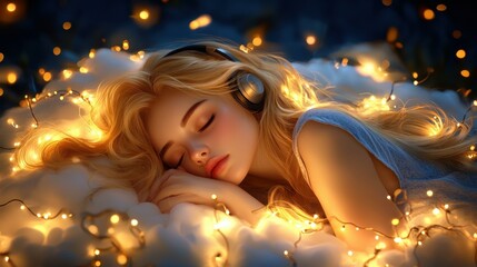 A girl with a serene face rests on a soft cloud, lost in music, wearing cozy pajamas and headphones in soft night light.