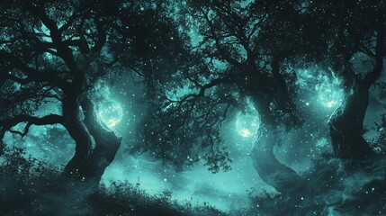 Wall Mural - Enchanted Forest at Night with Glowing Spheres