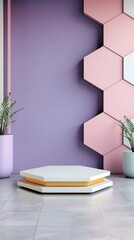 Wall Mural - Product Podium Suitable for House Appliance or Machine Promotional Content with Hexagonal Wall Panel