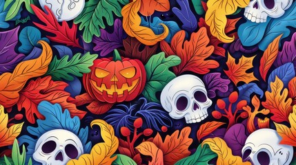 Wall Mural - Colorful Autumn Leaves Halloween Skulls and Pumpkin Pattern