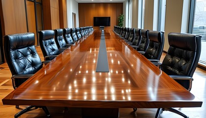 Elegant boardroom setting with a polished wooden table and sleek black leather chairs arranged in a professional layout.