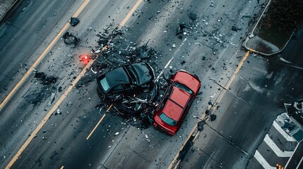 Intersection crash with two cars smashed together, broken traffic lights in the background, one vehicle facing sideways after the collision, debris scattered across the road, cloudy sky, light