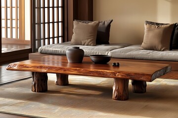 Wall Mural - Tranquil lounge with Japanese influences, tatami mats, and natural tones.