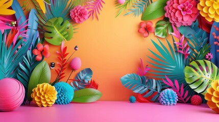 Wall Mural - Tropical Summer Background with Colorful Flowers and Leaves