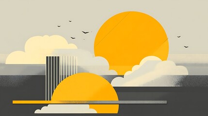 Wall Mural - Geometric Sun and Clouds - Minimalist Vector Illustration in Yellow and Gray on Plain Background