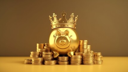 A golden piggy bank with a crown on its head sits on a pile of golden coins, symbolizing wealth and success.