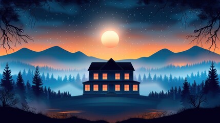 Wall Mural - Mystical Forest Cabin at Night with Full Moon