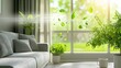 © Pricha.RT - Living room with an air conditioner emitting cool, clean air that clears harmful green bacteria, representing fresh air quality.