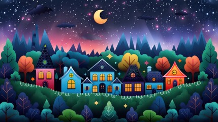 Canvas Print - Nighttime Village Illustration with Crescent Moon and Stars