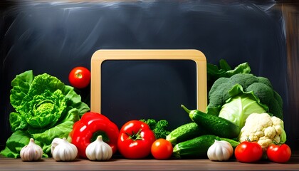 Rustic chalkboard backdrop showcasing fresh organic vegetables for healthy cooking and delicious meal preparation by a dedicated farmer