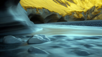 Calm river flows between smooth rock formations, creating a surreal landscape with a mix of soft blue and gold hues.Contrast between the calm water and the textured rocks elevates the mood.AI generate