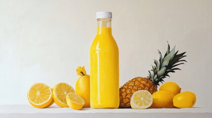 Oil painting depicting a yellow smoothie in a bottle accompanied by various fruit ingredients on a white backdrop