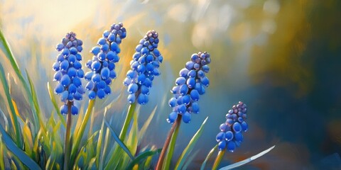 Wall Mural - Oil painting capturing small blue Muscari flowers in a sunlit meadow showcasing the beauty of blooming spring flowers through macro photography