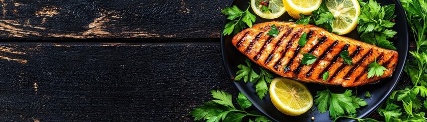 Delicious grilled salmon fillet served with fresh lemon slices and greens, perfect for healthy meal options and culinary presentations.