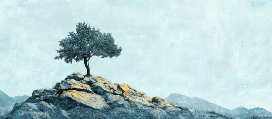 Isolated tree atop a rocky elevation Mixed media artwork