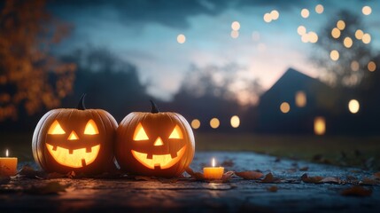 Wall Mural - Jack O Lanterns with Candles on a Stone Path at Dusk