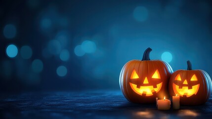 Wall Mural - Spooky Halloween Jack O Lantern Pumpkins with Candles and Blue Bokeh Background