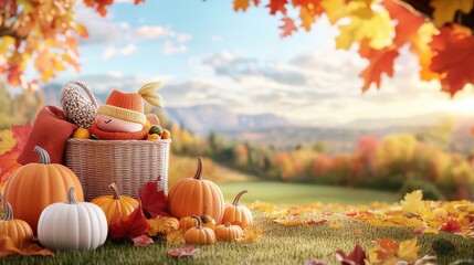 Wall Mural - Autumn Harvest with Pumpkins  Basket  and Fall Foliage