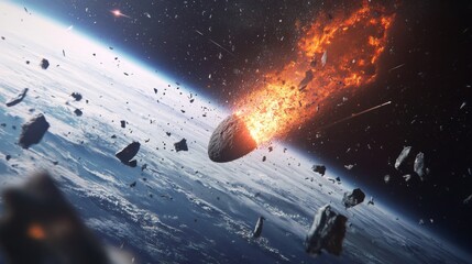 Wall Mural - a meteor approaching earth's atmosphere surrounded by debris.