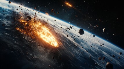 Wall Mural - a meteor approaching earth's atmosphere surrounded by debris.