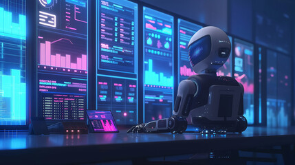 Wall Mural - a futuristic ai robot working with business data statistics, business growth or audit data analysis 