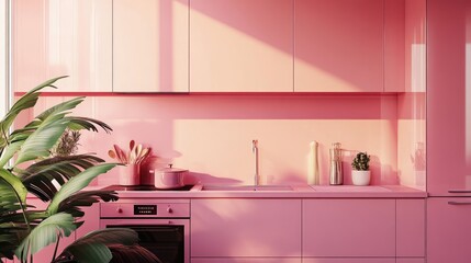 Modern pink kitchen with pink cabinetry, a pink backsplash, and sleek pink appliances.