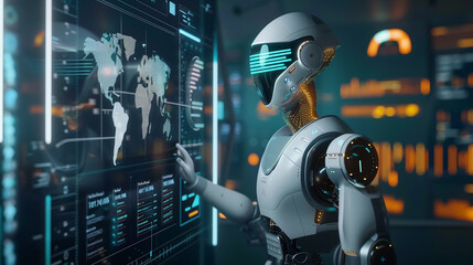 a futuristic AI robot working with business data statistics, business growth or audit data analysis through artificial intelligence technology 