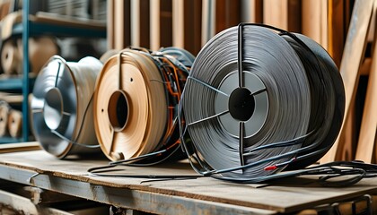 Industrial wooden spool of electric cable showcasing advanced technology in electrical construction and connection equipment