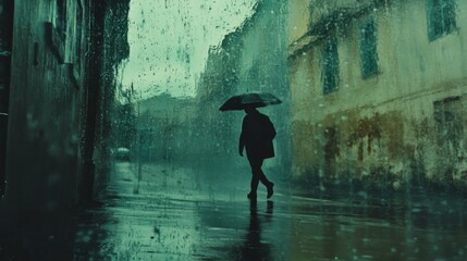 Wall Mural - A solitary figure traverses a rain-soaked street, embodying a sense of isolation amid a captivating, melancholic backdrop