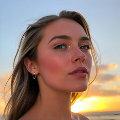 Canvas Print - Beautiful fashion model on the sea at sunset, beautiful view, tidy hair, smiling, looking at a camera, the sea behind her