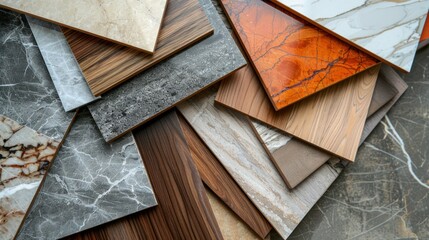 interior design material sample moodboard with luxury surfaces like marble and wood.