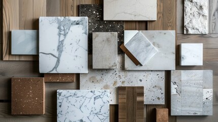 interior design material sample moodboard with luxury surfaces like marble and wood