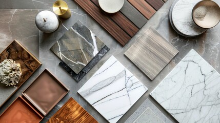 interior design material sample moodboard with luxury surfaces like marble and wood