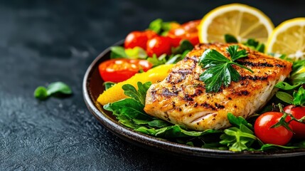 Savory grilled salmon featuring fresh tomatoes, greens, and lemon slices on a dark background, perfect for healthy meal ideas.