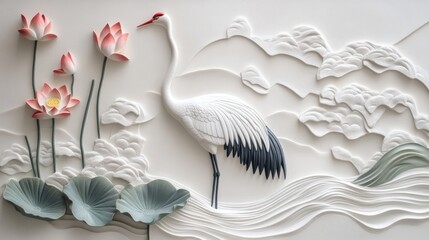 White crane and pink lotus flowers 3D relief art.