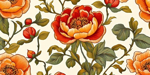 Poster - Vibrant floral design with peonies in shades of red and orange. This pattern is perfect for fabric, wallpaper, or home decor. A beautiful representation of nature and art. AI