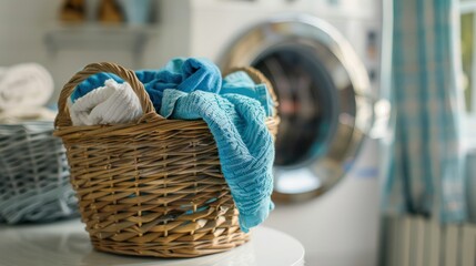 Overflowing Laundry Basket Next to Washing Machine with Clean Clothes - A Detailed View. Concept Laundry Room Setup, Household Chores, Laundry Organization, Clean Clothing, Washing Machine Usage