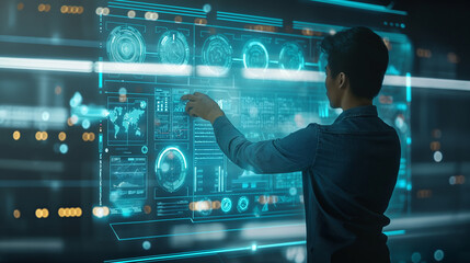 Wall Mural - futuristic artificial intelligence based digital business data statistics management technology visu