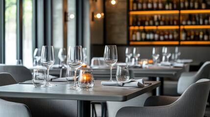 Wall Mural - Stylish grey dining area with grey chairs, grey table settings, and warm lighting.