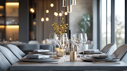 Wall Mural - Stylish grey dining area with grey chairs, grey table settings, and warm lighting.