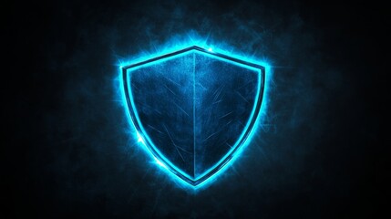 Glowing blue shield on dark background, digital security concept