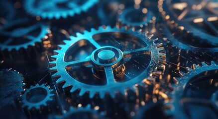 Close-up of interlocking metal gears with a blue glow, representing the intricate workings of a machine.