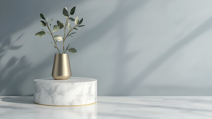 Wall Mural - Minimalist Marble Pedestal with Gold Vase and Greenery for Product Display and Branding Mockup