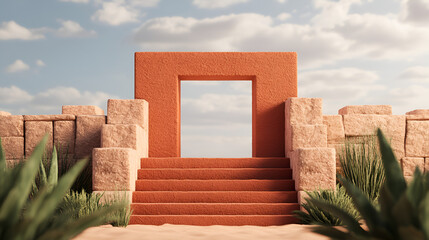 Wall Mural - Minimalist Desert Archway with Steps for Product Display -  Trending Abstract Background, 3D Design, Minimalist Architecture