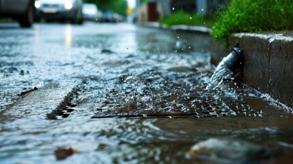 Wall Mural - Urban Rainwater Flowing into City Storm Drain from Downpipe. Concept Urban Infrastructure, Stormwater Management, Drainage Systems, Rainwater Harvesting, Urban Resilience