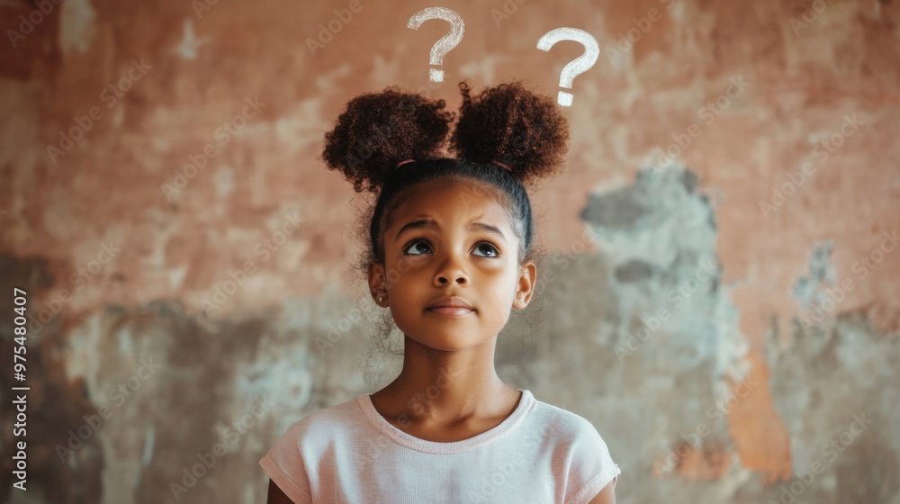 An African young girl stands with question marks floating above her ...
