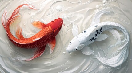 Two koi fish are swimming in a circular motion, with their long ornate fins and tails elegantly detailed. One fish is red, and the other is white in the water