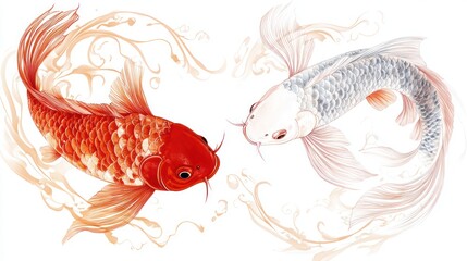 Two koi fish are swimming in a circular motion, with their long ornate fins and tails elegantly detailed. One fish is red, and the other is white in the water